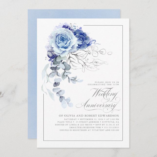 Dusty Blue and Silver Floral Wedding Anniversary Invitation (Front/Back)