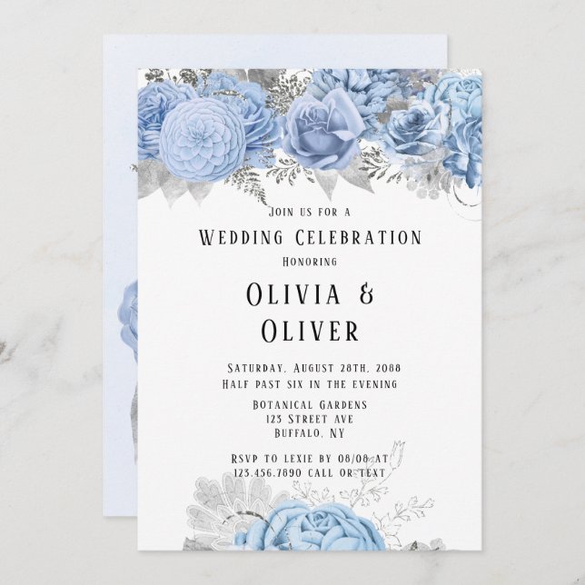 Dusty Blue and Silver Floral Wedding Invitation (Front/Back)