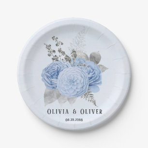 Dusty Blue and Silver Floral Wedding Paper Plate