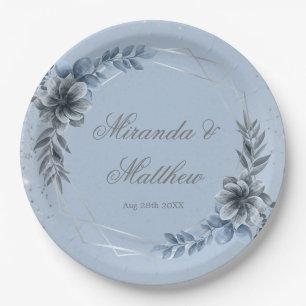 Dusty Blue And Silver Geometric Floral Wedding Paper Plate