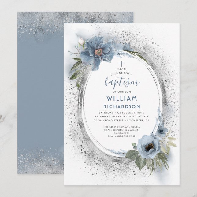 Dusty Blue and Silver Glitter Baptism Invitation (Front/Back)