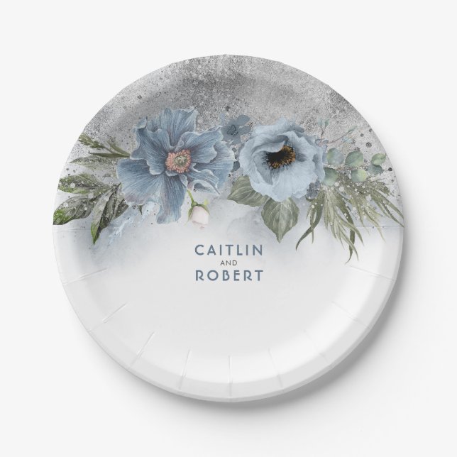 Dusty Blue and Silver Glitter Elegant Modern Paper Plate (Front)