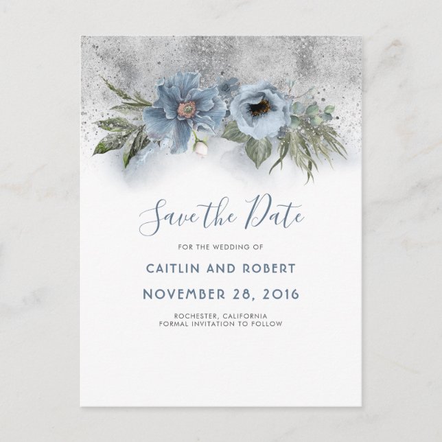 Dusty Blue and Silver Glitter Floral Save the Date Announcement Postcard (Front)