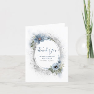 Dusty Blue and Silver Glitter Floral Thank You Card