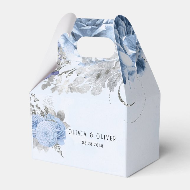 Dusty Blue and Silver Glitter Florals Wedding Favor Box (Front Side)