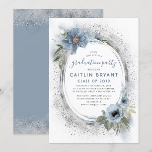 Dusty Blue and Silver Glitter Graduation Party Invitation