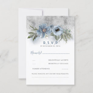 Dusty Blue and Silver Glitter Modern Wedding RSVP Card