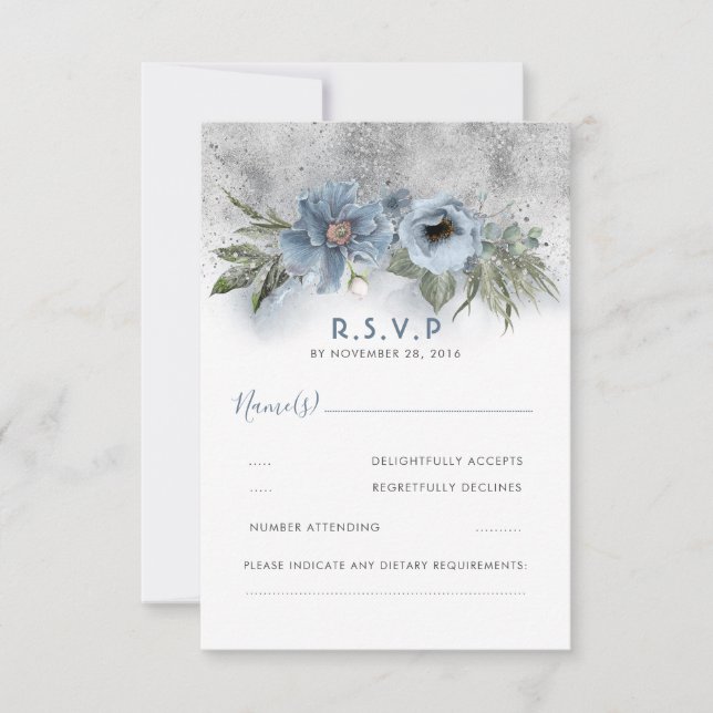 Dusty Blue and Silver Glitter Modern Wedding RSVP Card (Front)