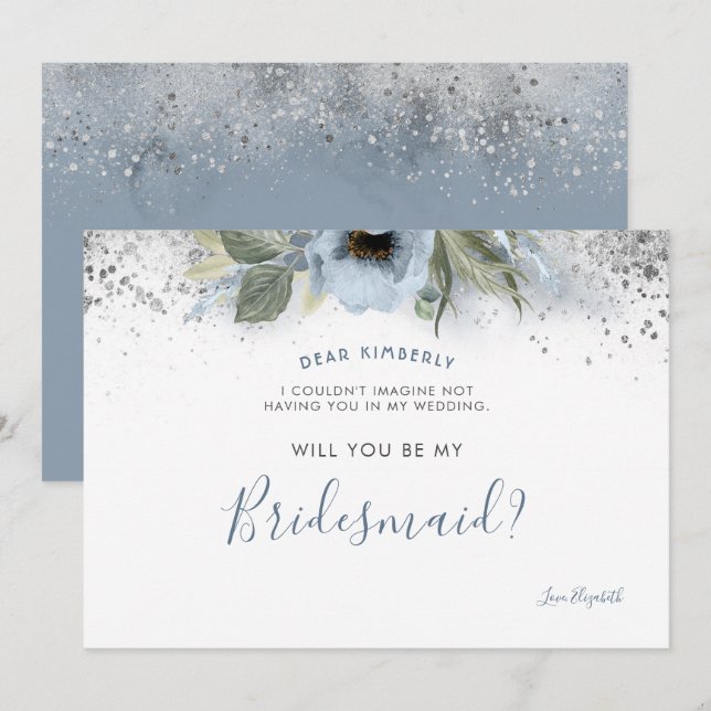 Dusty Blue and Silver Will You Be My Bridesmaid Invitation (Front/Back)