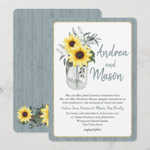 Dusty Blue and Sunflower Jar Rustic Wedding Invitation