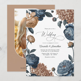 Dusty Blue and Taupe Watercolor Floral Wedding Invitation