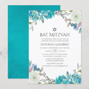 Dusty Blue and Turquoise Floral Bat Mitzvah Invitation