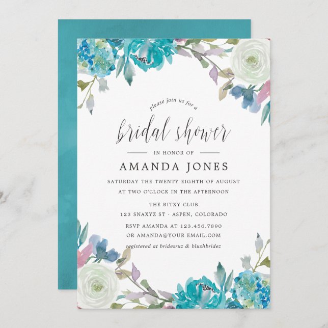 Dusty Blue and Turquoise Floral Bridal Shower Invitation (Front/Back)
