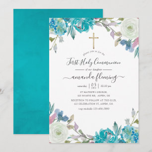 Dusty Blue and Turquoise Floral Holy Communion Invitation