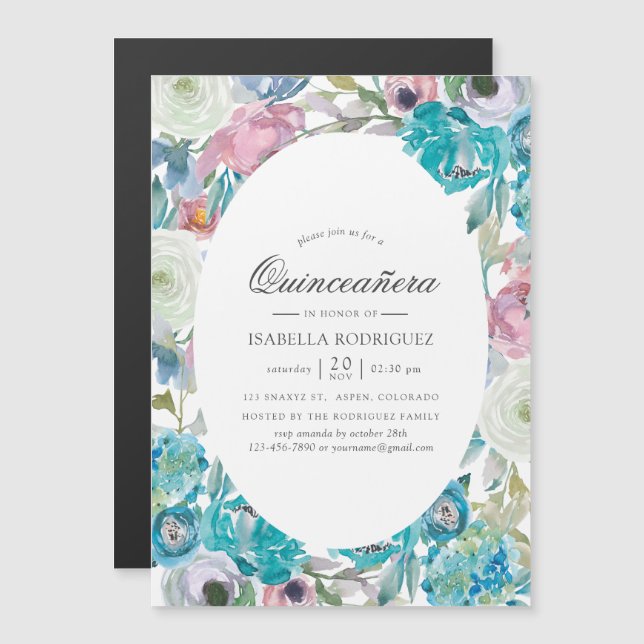 Dusty Blue and Turquoise Floral Quinceañera Magnetic Invitation (Front/Back)
