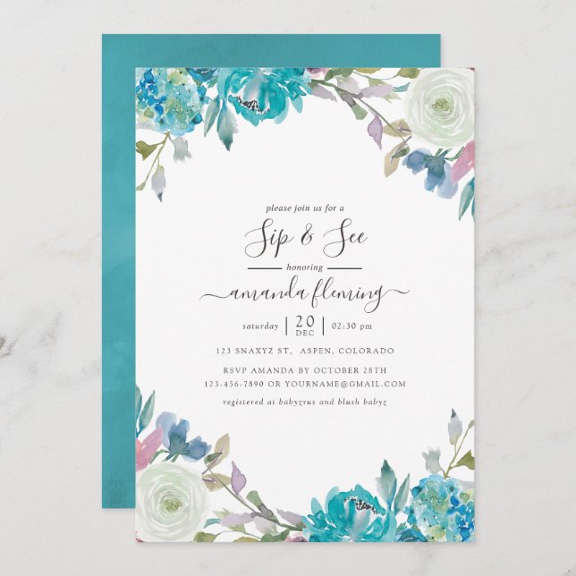 Dusty Blue and Turquoise Floral Sip and See Invitation (Front/Back)