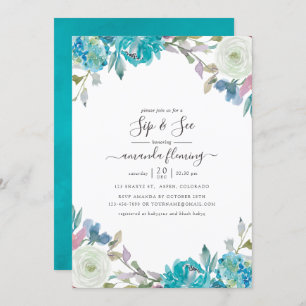Dusty Blue and Turquoise Floral Sip and See Invitation