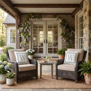 Dusty Blue and White Classic Square Monogram Outdoor Pillow