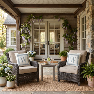 Dusty Blue and White Classic Square Monogram Outdoor Pillow