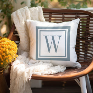 Dusty Blue and White Classic Square Monogram Outdoor Pillow