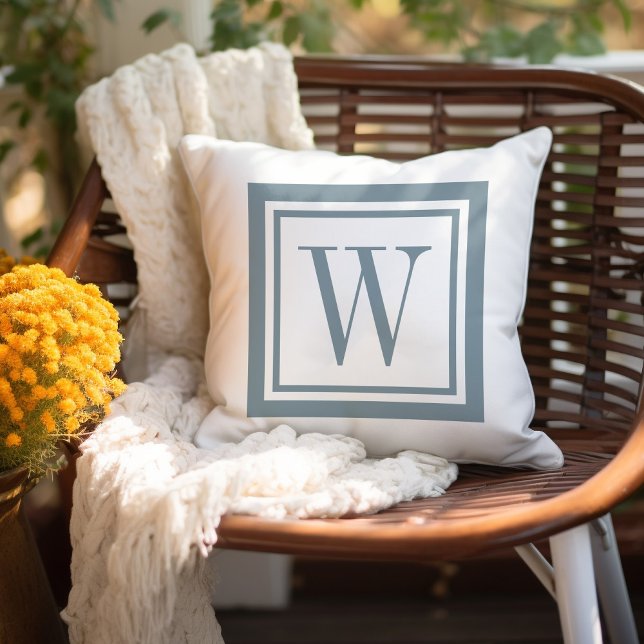Dusty Blue and White Classic Square Monogram Outdoor Pillow (Creator Uploaded)
