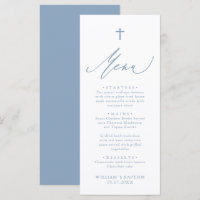 Dusty Blue and White Cross Boy Baptism Menu Card