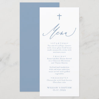 Dusty Blue and White Cross Boy Baptism Menu Card