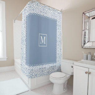 Dusty blue and white damask pattern and monogram