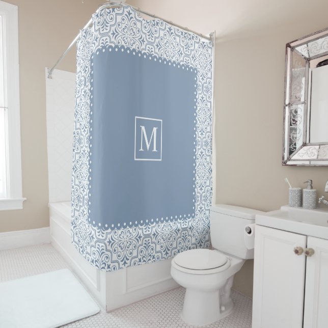 Dusty blue and white damask pattern and monogram (In Situ)