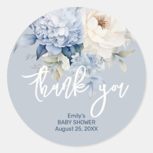 Dusty blue and white floral baby shower card classic round sticker