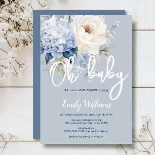 Dusty blue and white floral baby shower invitation
