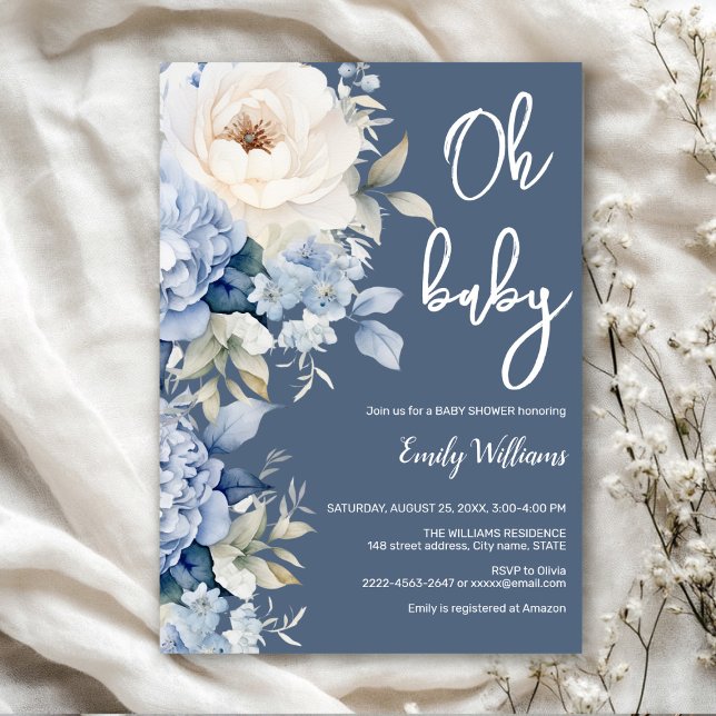 Dusty blue and white floral baby shower invitation (Dusty blue watercolor flowers peonies rustic gender neutral baby shower invitation )
