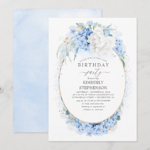 Dusty Blue and White Floral Birthday Party Invitation