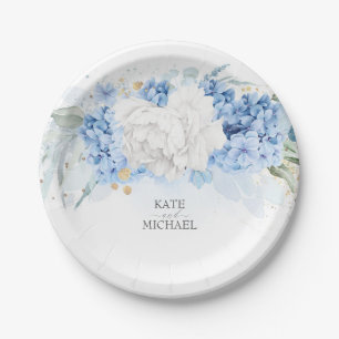 Dusty Blue and White Floral Elegant Paper Plate
