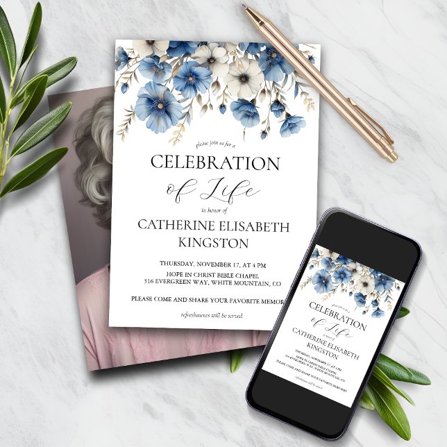 Dusty Blue and White Floral Memorial Invitation (Creator Uploaded)