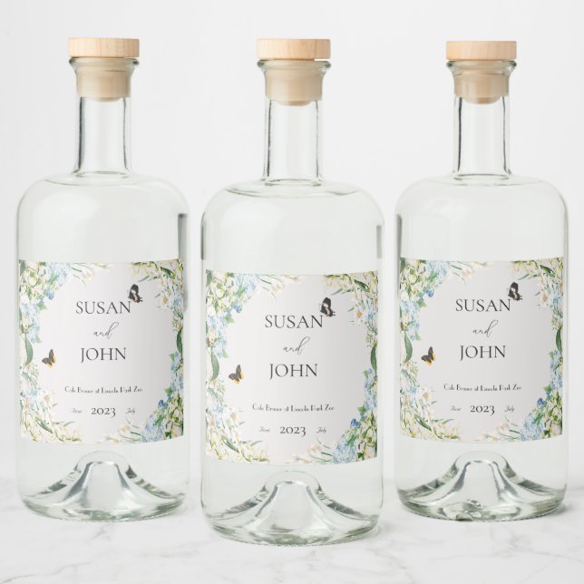 Dusty Blue and White Floral Wedding Liquor Bottle Label (Bottles)