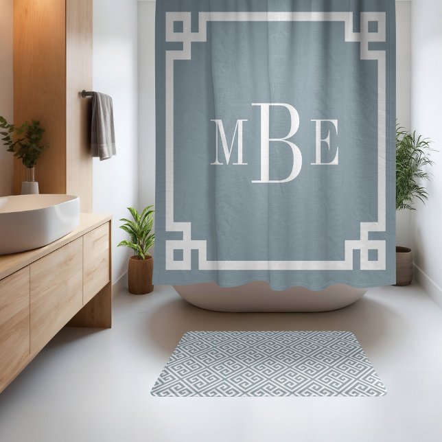 Dusty Blue and White Greek Key | Monogrammed (Creator Uploaded)