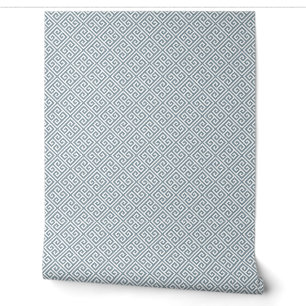 Dusty Blue and White Greek Key Pattern Wallpaper