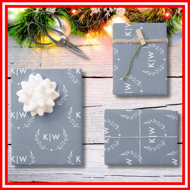 Dusty Blue and White | Modern Initials Monogram  Wrapping Paper Sheet (Creator Uploaded)
