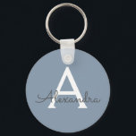 Dusty Blue and White Monogrammed Keychain<br><div class="desc">Dusty Blue and White Elegant Keychain. These Keychains can be customized to include your initial and first name and are a perfect bridal shower,  bachelorette party or birthday party favour.</div>