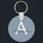 Dusty Blue and White Monogrammed Keychain<br><div class="desc">Dusty Blue and White Elegant Keychain. These Keychains can be customized to include your initial and first name and are a perfect bridal shower, bachelorette party or birthday party favour.</div>