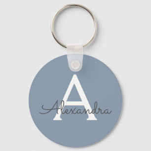 Dusty Blue and White Monogrammed Keychain