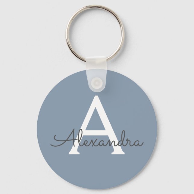 Dusty Blue and White Monogrammed Keychain (Front)