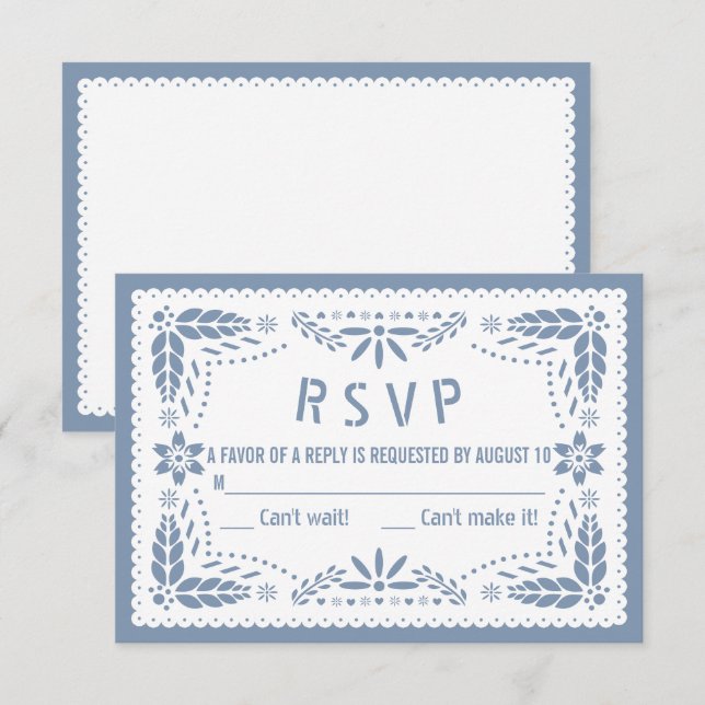 Dusty blue and white papel picado baby boy shower RSVP card (Front/Back)