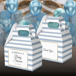 Dusty Blue And White Stripe Gold Baby Shower Favor Box