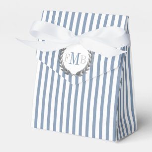 Dusty blue and white stripes monogram wedding favor box