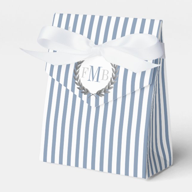 Dusty blue and white stripes monogram wedding favor box (Front Side)