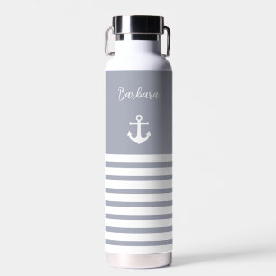 Dusty Blue and White Stripes Nautical Personalized Water Bottle