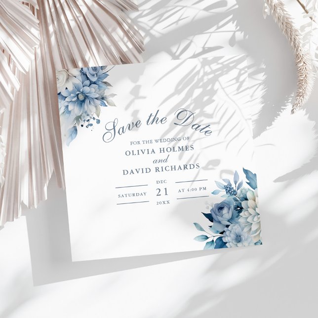 Dusty Blue and White Wildflower Save the Date Card (Boho Floral Pampas Grass Wedding Save the Date on a sunny white table.)
