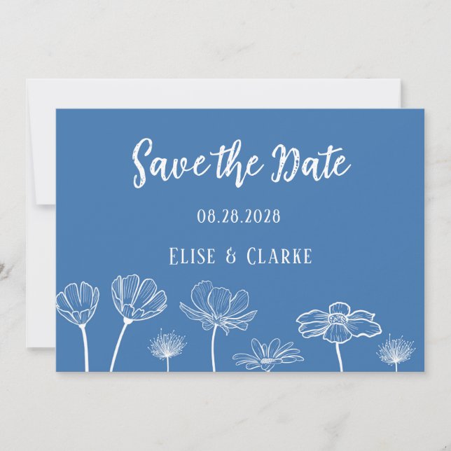 Dusty Blue and White Wildflower Save the Date Card (Front)